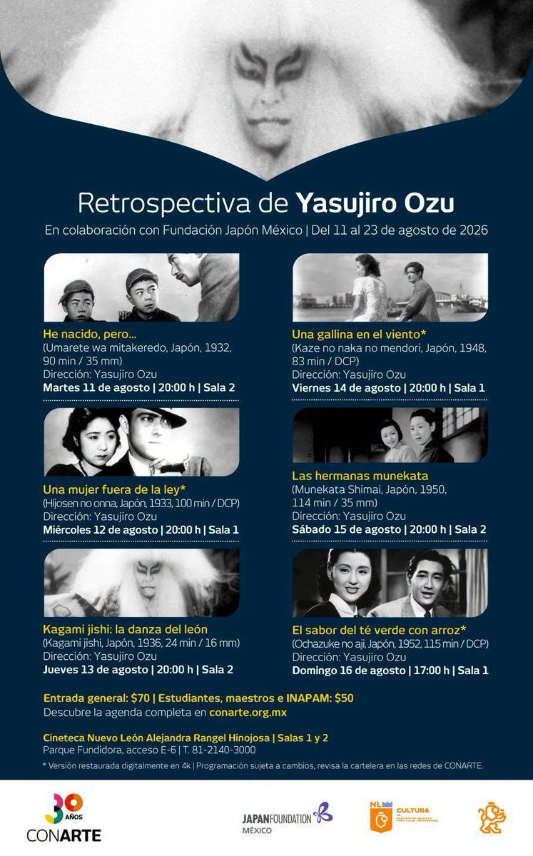 conartenl's tweet photo. Un recorrido por la obra de uno de los grandes maestros del cine japonés. 
La Cineteca Nuevo León presenta la Retrospectiva de Yasujiro Ozu, una oportunidad para descubrir o reencontrarse con películas que marcaron la historia del séptimo arte.

#CulturaNL https://t.co/5MlkIluLYA