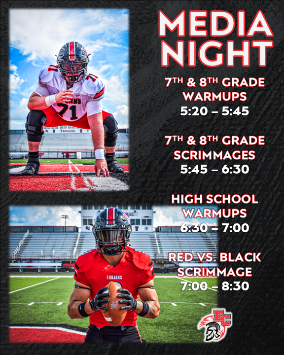 EastCentralFB's tweet photo. First look at the 2026 Trojan Football teams this Friday, August 7th 🏈
Media Night + Scrimmage schedule: https://t.co/jwOb9PFqhG