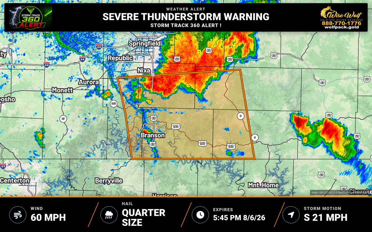 StormTrack360Wx's tweet photo. A Severe Thunderstorm Warning has been issued for Christian, MO, Douglas, MO, Ozark, MO, Stone, MO, Taney, MO. | Max Hail: 1.0 inches, Wind: 60 MPH | Torrential Rain: Occurring | Expires at 5:45 PM 8/6/26. https://t.co/Q4cSxfimxW