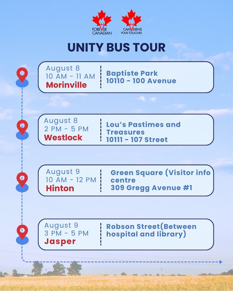 LukaszukAB's tweet photo. The Unity Bus Tour is heading your way this weekend! 🚌 Join us in Morinville, Westlock, Hinton, and Jasper (Aug 8–9) for great conversations and your free lawn sign—while supplies last. See you soon! 🇨🇦  #ForeverCanadian https://t.co/VCu7ua1rvI