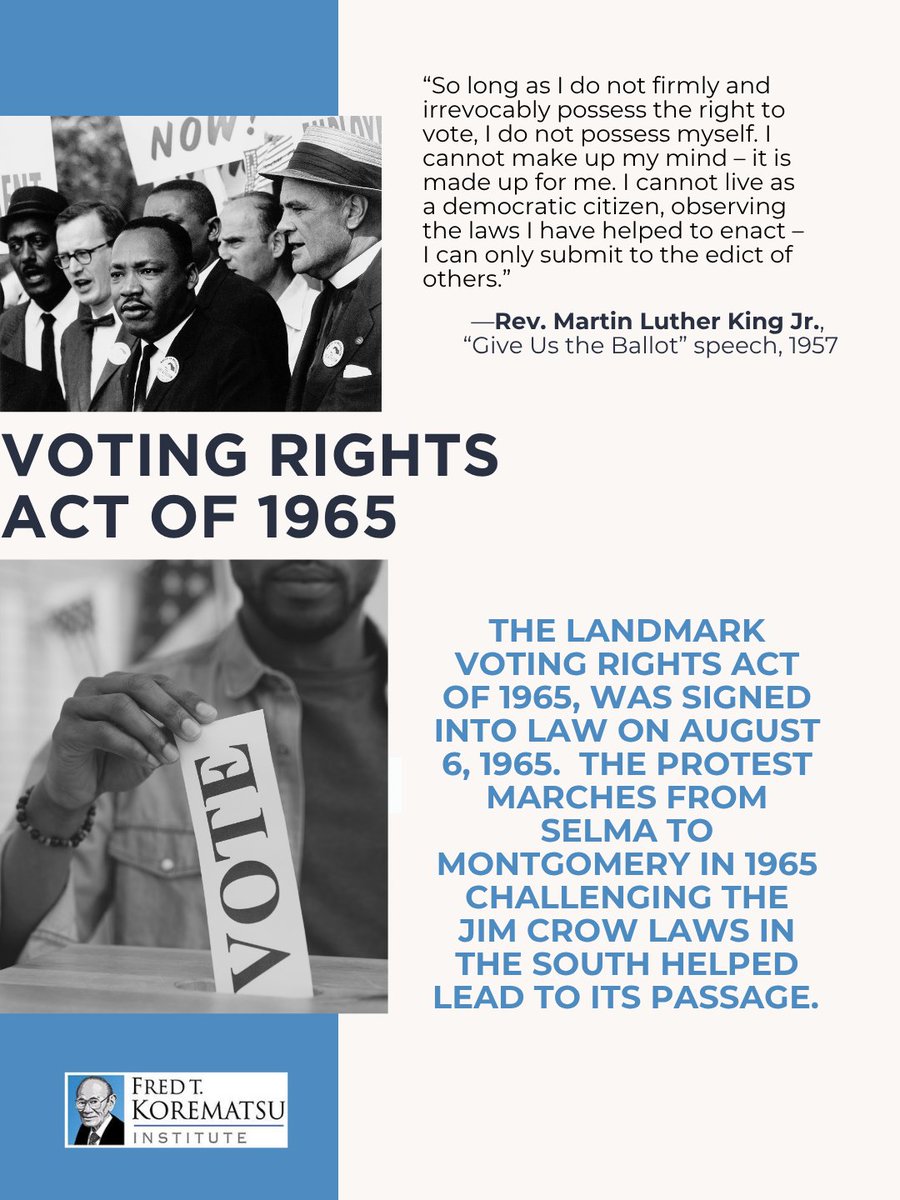 korematsu's tweet photo. #OTD 61 years ago, the #VotingRightsAct of 1965 (VRA) was signed into law by President Johnson to remove race-based restrictions, such as Grandfather clauses, poll taxes, & specialized tests, to prevent Americans from voting. Learn more: https://t.co/WvCyEh4EXw https://t.co/dp8r52yJCn
