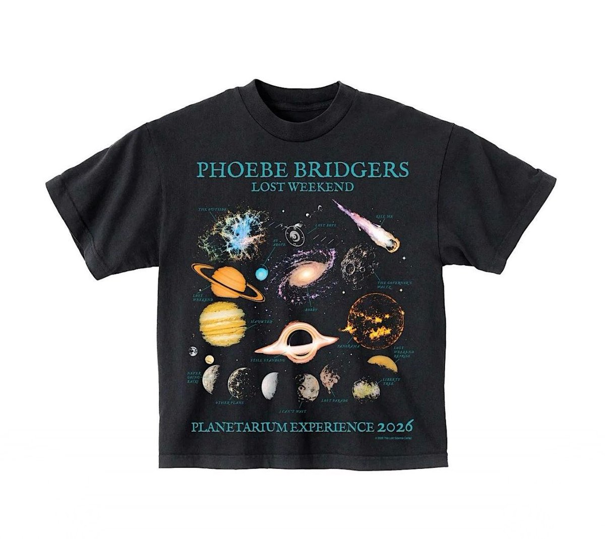 boygeniussource's tweet photo. First look at the T-shirts that will be sold at the Phoebe Bridgers Lost Weekend Planetarium Experience in partnership with Spotify! https://t.co/3AwIhg9ex3