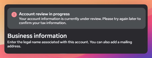 serg_vecher's tweet photo. Hey @Meta! What does it even mean! 

I linked my credit card into account but you does not let me enter my tax information!

Without it I can't use muse code to text integration into Poracode https://t.co/H4arEFdUhz