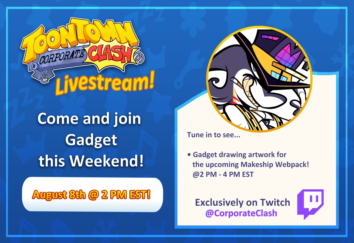 CorporateClash's tweet photo. This Weekend August 8th at 2 PM EST we are hosting a Community Livestream!

Come and join our amazing Brand Artist Gadget who will be working on artwork for the Makeship Webpack!

Please drop by to hangout and have some fun conversations with the crew. We hope to see you there! https://t.co/Vb3wHqHVZ2