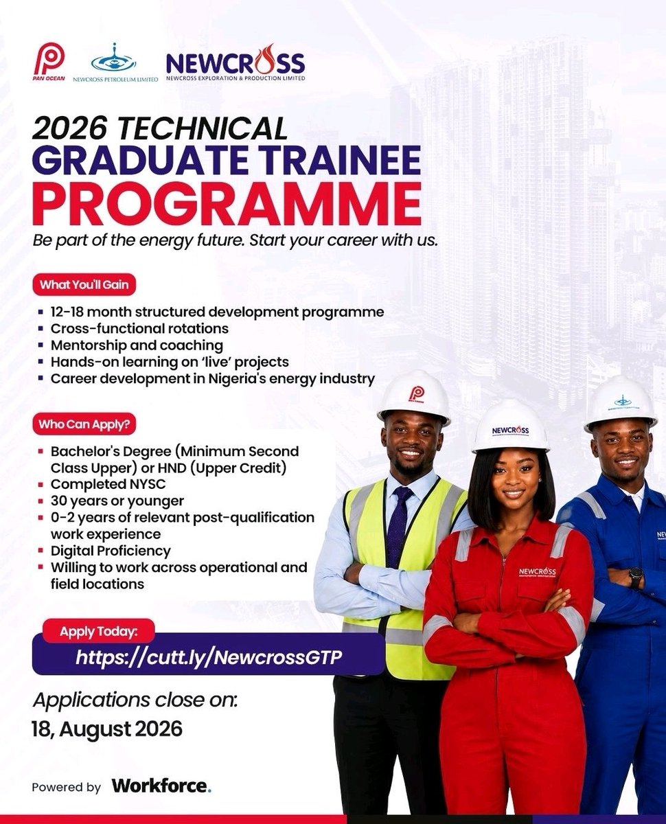 Realoilsheikh's tweet photo. Kickstart Your Career in Oil & Gas!

Applications are now open for the 2026 Newcross/Pan Ocean Technical Graduate Trainee Programme—a great opportunity for graduates looking to begin a career with one of Nigeria's leading oil and gas firms.

🗓️ Application deadline: 18 August 2026

🔗 Apply here: https://t.co/pETFTPk5o2

#Employment #GraduateTrainee #EntryLevel #OilAndGas #NigeriaJobs #CareerOpportunity