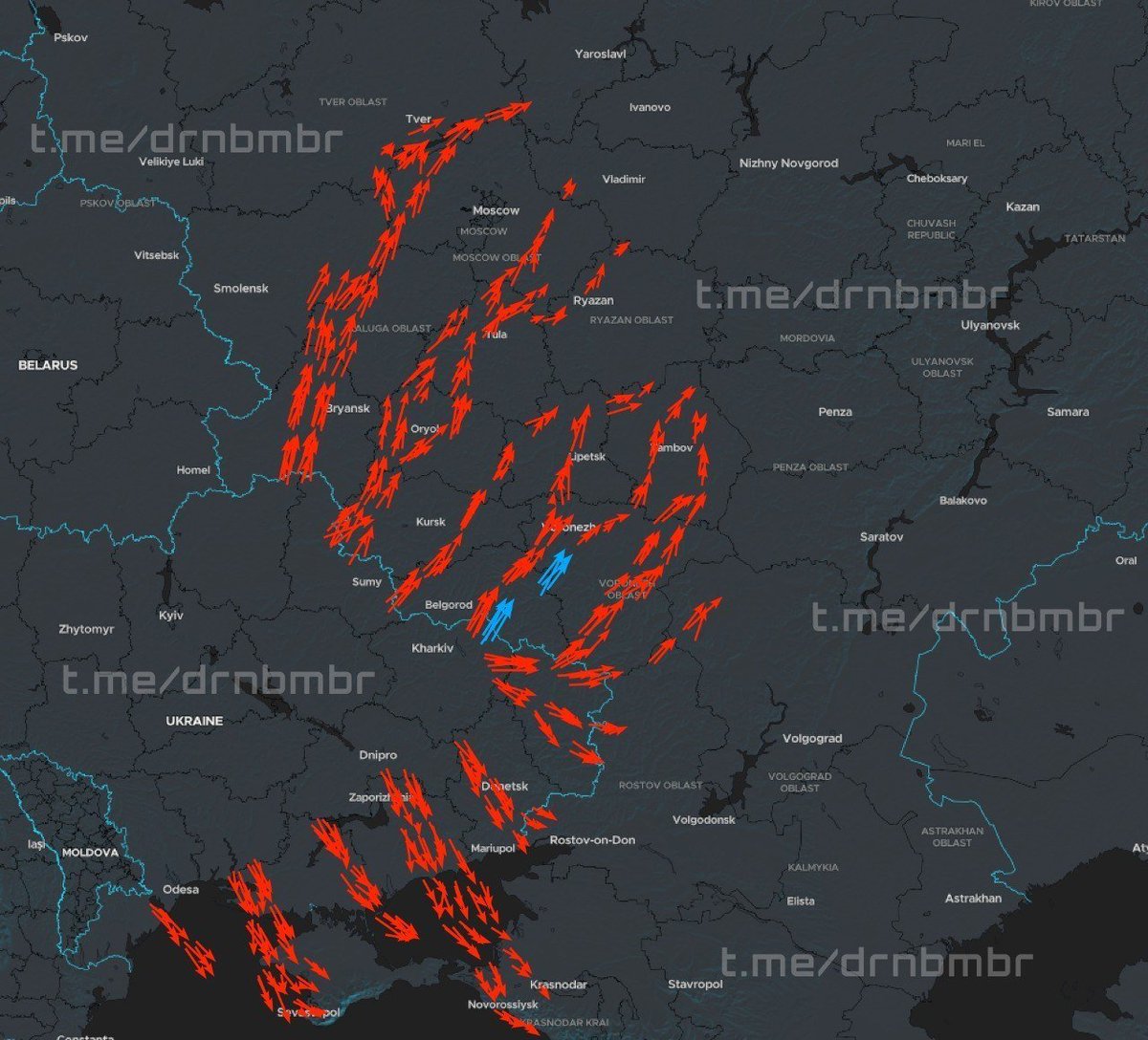 wartranslated's tweet photo. More than 350 UAVs flew toward Russia this evening. https://t.co/go751rhfAx