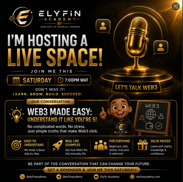 theelyfins's tweet photo. What if I told you that Web3 isn't as complicated as people make it sound?
This Saturday, I'm hosting a FREE X Space where I'll explain Web3 in the simplest way possible. No confusing words.
No technical jargon. https://t.co/Yn08PdvrUG