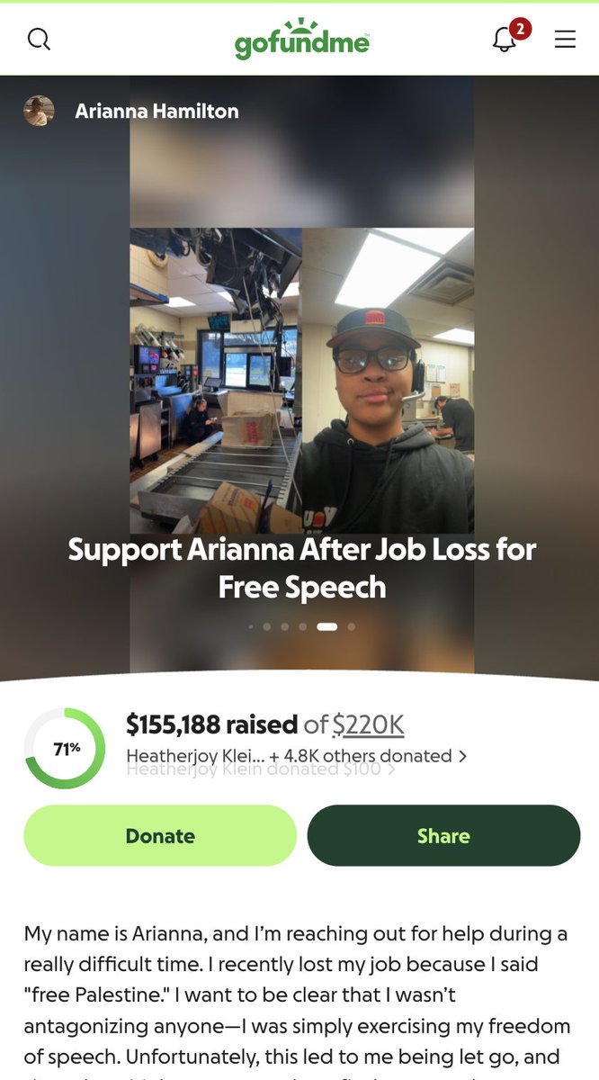 RyanRozbiani's tweet photo. Meet. Arianna, she was FIRED from Burger King after saying Free Palestine

This is HER side of the story. Her GoFundMe has raised over $155,000 in just a few days https://t.co/0uwWapau5Z