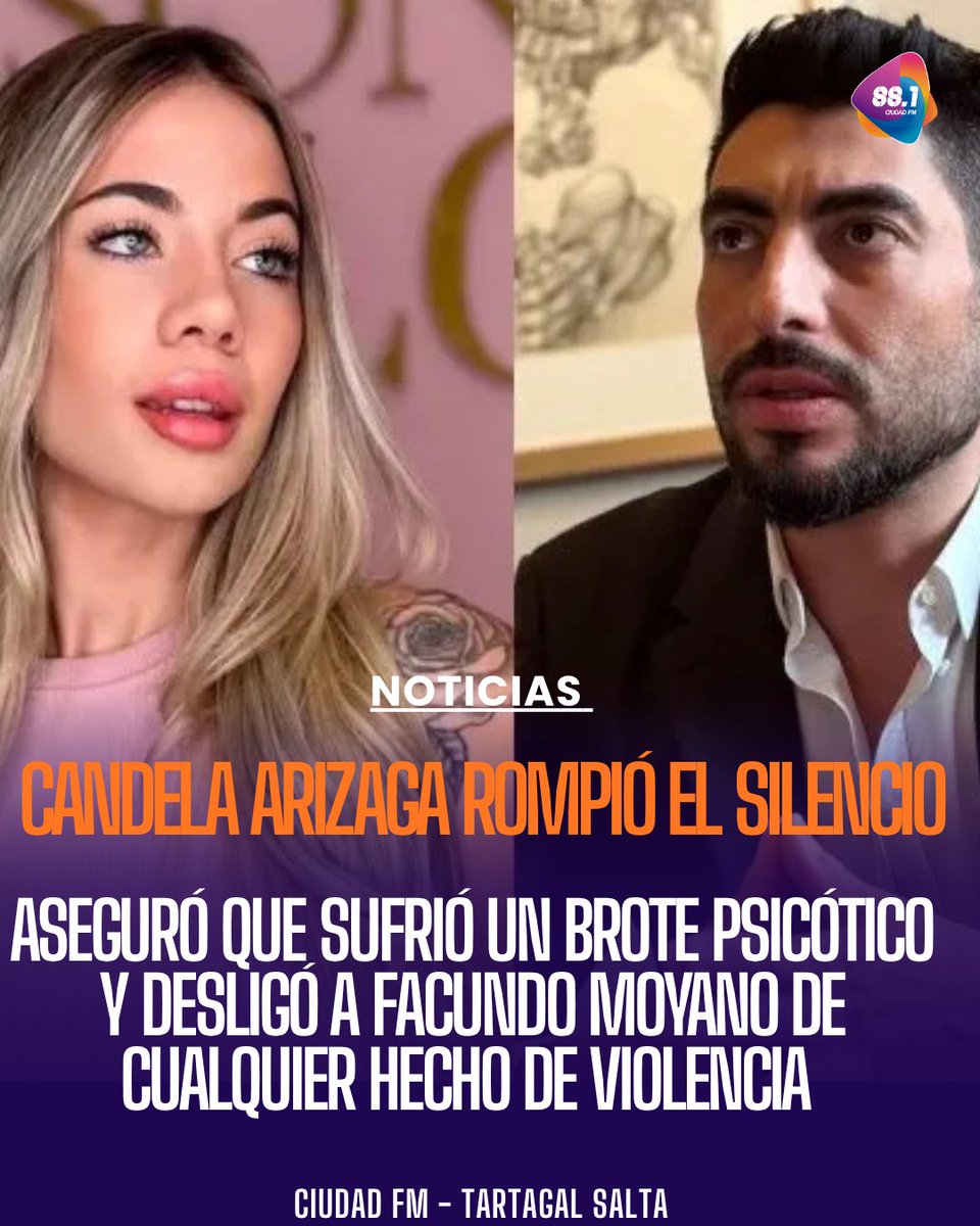 ciudadfm881's tweet photo. 🟣Candela Arizaga rompió el silencio: aseguró que sufrió un brote psicótico y desligó a Facundo Moyano de cualquier hecho de violencia,Ademas reveló que solicitó el levantamiento de la restricción de acercamiento que pesa sobre el exdiputado.#Declaración #Actualidad #Noticias https://t.co/EtjUHNFHbp
