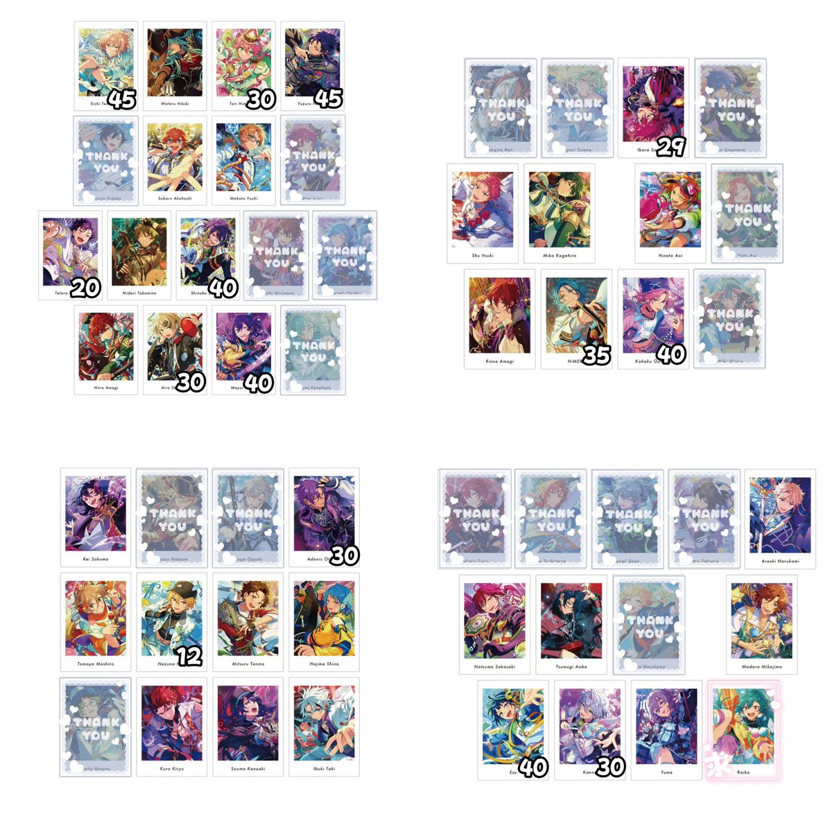 ha_ruka_09's tweet photo. 【交換.仮約束】 あんスタ ぱしゃっつ vol.7 Action 7A

譲｜英智.渉.桃李.弓弦.スバル.真.鉄虎.翠.忍.一彩.藍良.マヨイ.茨.宗.みか.ひなた.燐音.HiMERU.こはく.零.アドニス.友也.なずな.光.創.紅郎.颯馬.維吹.嵐.夏目.つむぎ.斑.エス.ユメ.カンナ(数字は残り枠)

求｜ライカ

↓ https://t.co/SvFVSAUiog