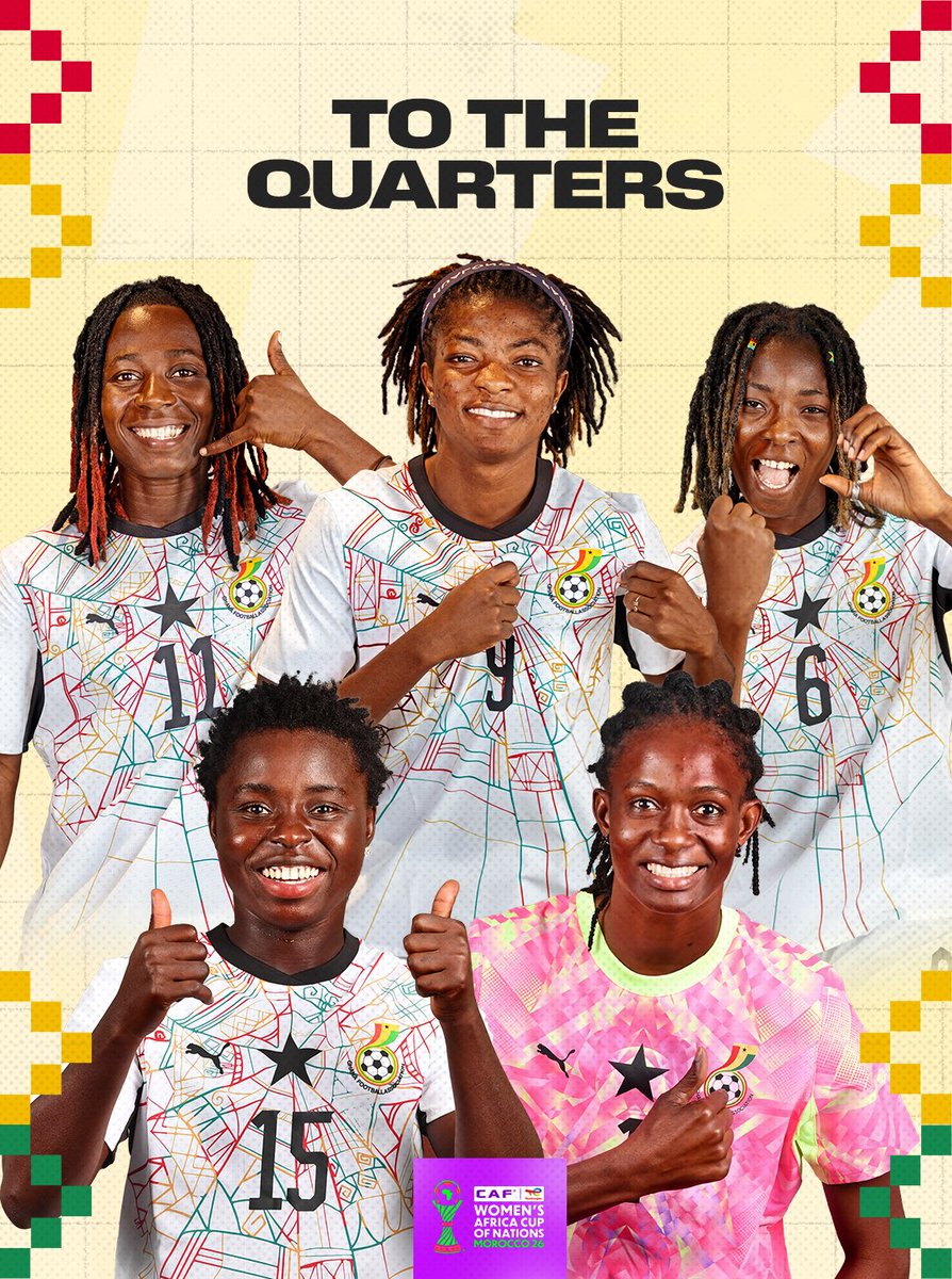 GhanaWNT's tweet photo. WE'RE THROUGH! 👑

The Black Queens are into the #WAFCON2026 Quarter-finals! 💪🏾

#ShineBlackQueens✨ 
#MoreThanAble 💪🏾
#TotalEnergiesWAFCON26 https://t.co/Ag0LxE8GL9
