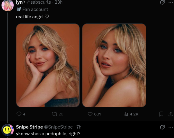 SnipeStripe's tweet photo. @sabscurls   sybau. like your just mad I insulted Sabrina Carpeter. WHO IS A LITERAL PEDO. than you mock me with "go talk to your 4 followers,loser" like I don't really do Twitch (X) so idgaf. also blocking me to not respond, what a pussy ass move🤣🤣 https://t.co/1WBREPOfu6