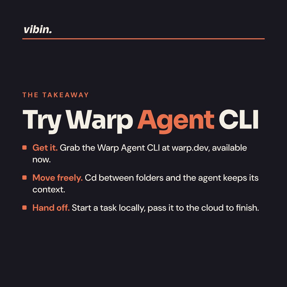vibin_live's tweet photo. Warp shipped a standalone Agent CLI that runs its coding agent in any terminal, not just the Warp app.

It has full shell access, so you can cd between directories without resetting the session. That is the part worth testing on your own repo. https://t.co/zusFkJu12j