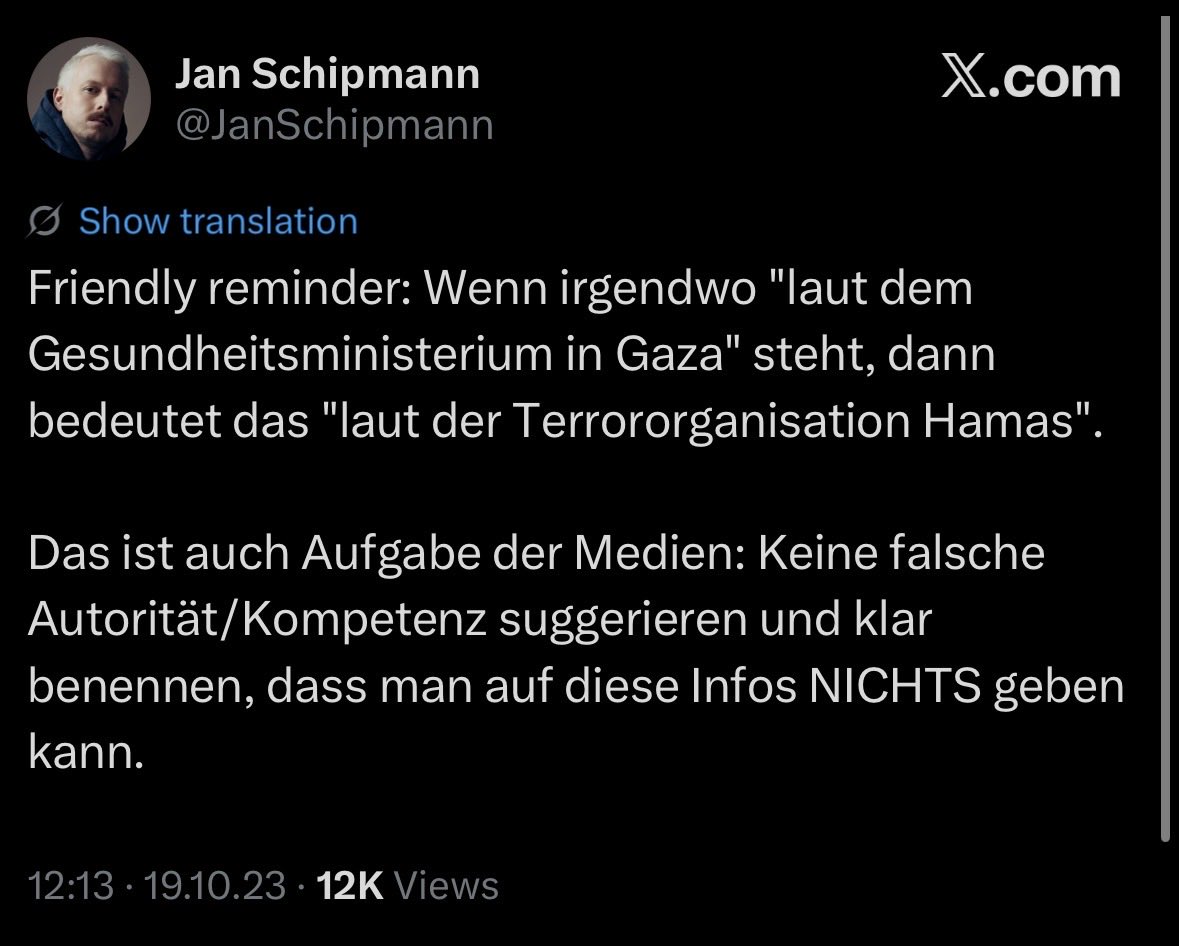 hahauenstein's tweet photo. Friendly reminder: Dieselben Leute, die heute Kollegen im Namen der Sorgfaltspflicht angreifen, weil sie einen Artikel teilen, schrieben Okt 2023 … sowas. 

War schon faktisch falsch – und ist heute, unzählige Berichten und Recherchen weiter, natürlich erst recht falsch https://t.co/M0ZeBOLRXe