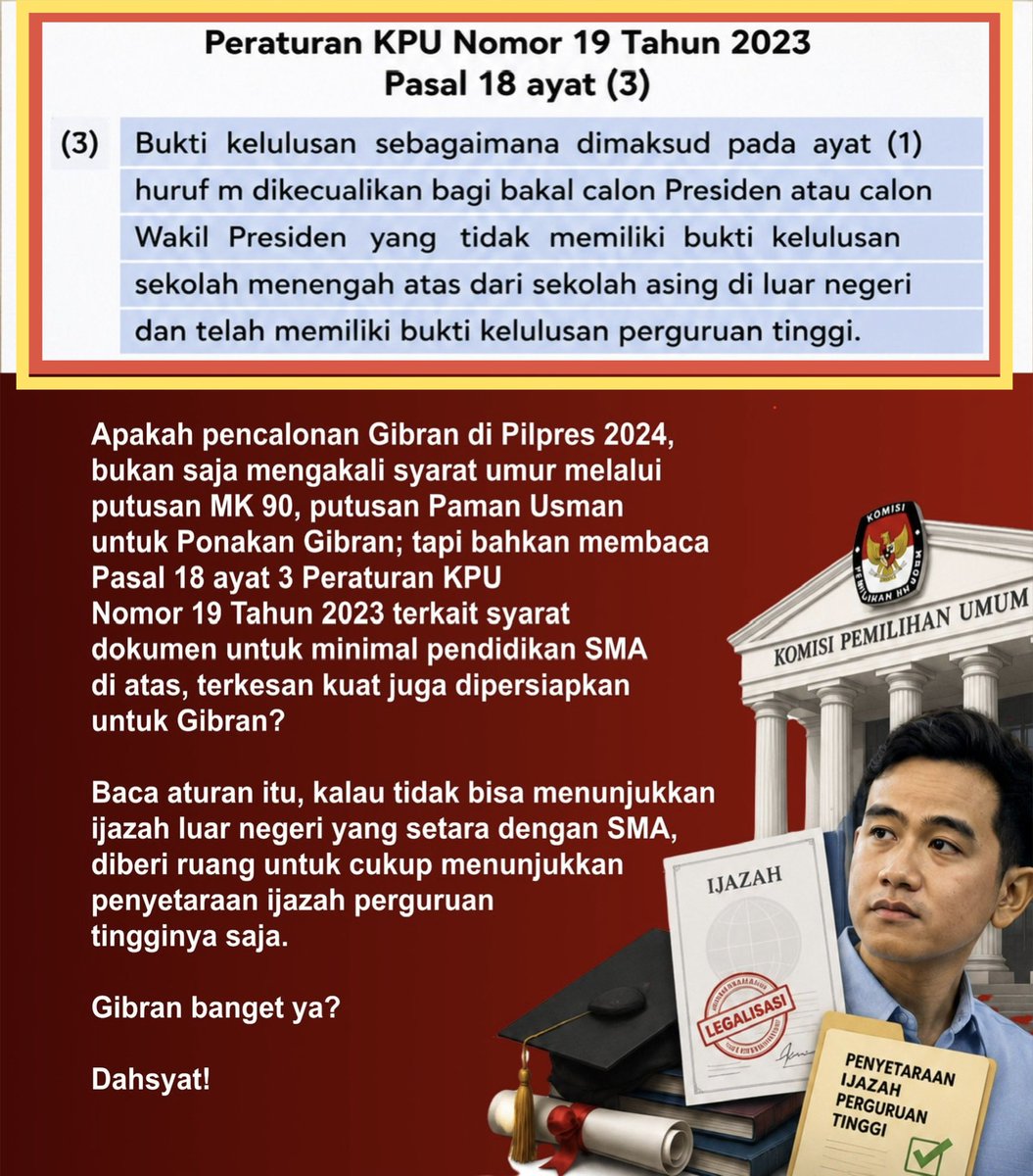 Naz_lira's tweet photo. Jika sempat terpikir akan muncul Roy&Tifa, mungkin KPU akan siapkan ayat (4):

(4)   Bukti kelulusan sebagaimana dimaksud pada pasal 18 ini tidak dapat membatalkan hasil Pemilihan Presiden dan Wakil Presiden, baik melalui proses politik maupun hukum jika dikemudian hari terbukti Palsu atau Dipalsukan.

Sudah gila dan biadab betul mereka perlakukan rakyat satu negara ini..!!😡