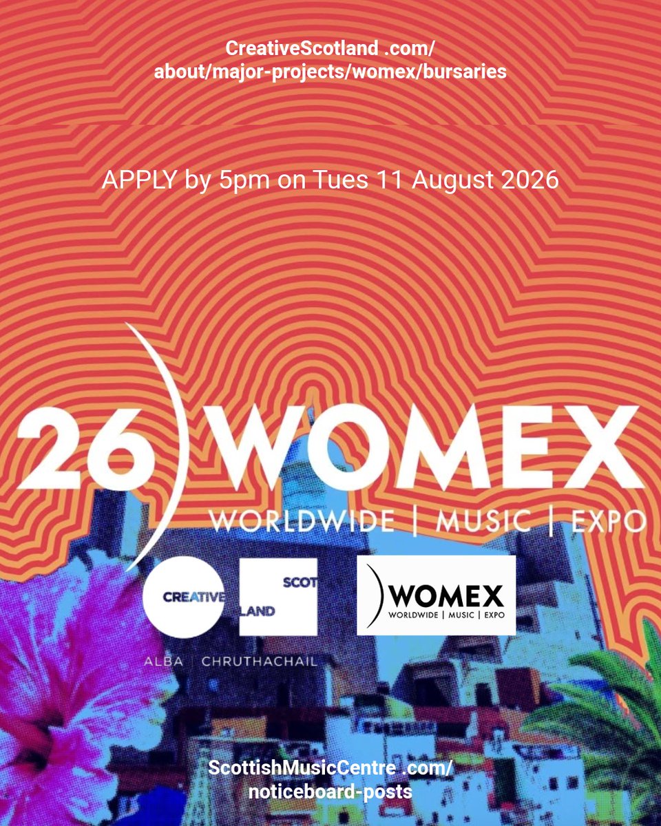 scottishmusic's tweet photo. Creative Scotland Bursaries of £1,250 OPEN applicants should be artists / orgs. in trad, folk, roots, jazz, or Scotland’s indigenous languages help you attend WOMEX in Las Palmas, Gran Canaria, Spain 21-25 October APPLY by 5pm on Tues 11 August at ➡ https://t.co/SQNTBZz4So https://t.co/Zq1D68i3Q4