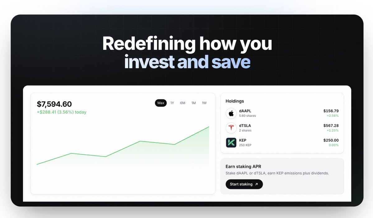 Kepto_XYZ's tweet photo. Tokenized stocks

dAAPL, dTSLA, dNVDA  

Plus real-world assets and verifiable storage. 

Priced in KEP, backed 1:1, all readable on-chain. https://t.co/BGjNw0FYFi