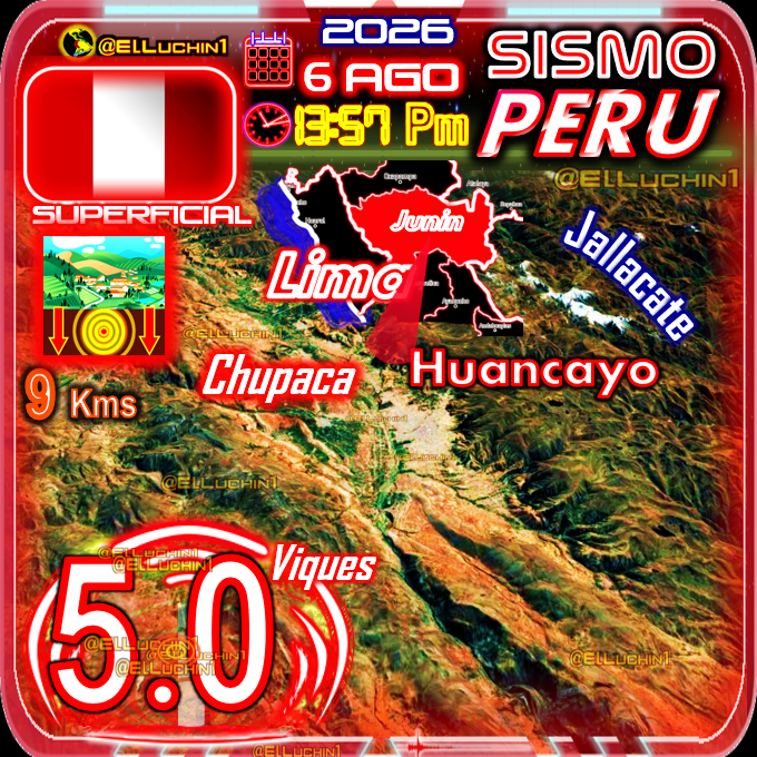 elluchin1's tweet photo. 🇵🇪 Alerta ⚠️🛐 
Fuerte ➡#Sismo🔴 5.0⚡ IGP
Huancayo al Suroeste Junin Peru 🇵🇪
SUPERFICIAL 🔰 
#Temblor #Terremoto https://t.co/huwlwE64Du