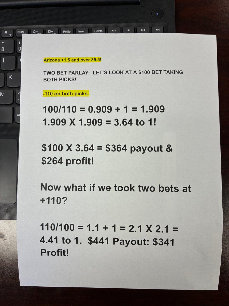 MagicMIKESE's tweet photo. Calculating Parlay Odds! Here what it looks like if you bet my picks for tonight as a two pick parlay! I never googled this and I had been working on, off and on for the past five years solved February 26 of this year! -110 = Fav; +110 = Dogs! https://t.co/2ct2Q53NU0