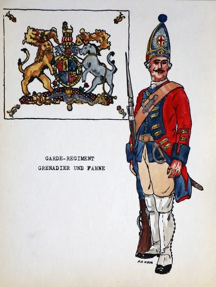 Uniformologist's tweet photo. Various grenadiers (and their regimental standards) of the army of the Kingdom of Hanover during the Seven Years War. https://t.co/AMONDZvjmJ