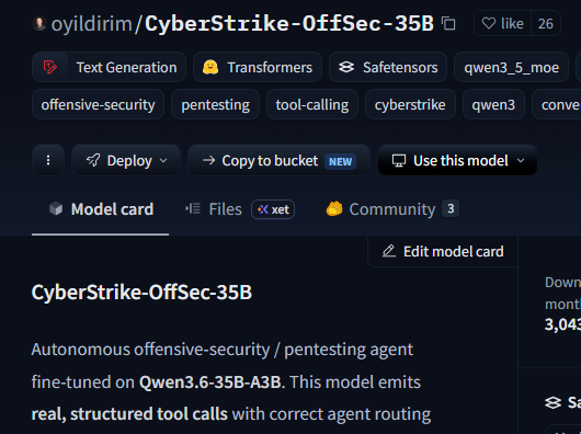 0x0SojalSec's tweet photo. Open-source OffSec model for local Run, A 35B MoE (only 3B active) specifically for autonomous real offensive security agent workflows.

No more fabricated Nmap output or No more infinite loops.

- SecEval 81.39% (#1)
- MITRE ATT&CK 93.94% (#1)
- CWE 93.05% (#1)
- Fine-tuned for real pentest agent workflows
- Real structured tool calls
- Correct agent routing
- Clean termination (24/24 in their eval)
- Zero fabricated observations or recon

actually works with a real harness, Worth testing if you’re building local red team agents.

GGUF quants available.
