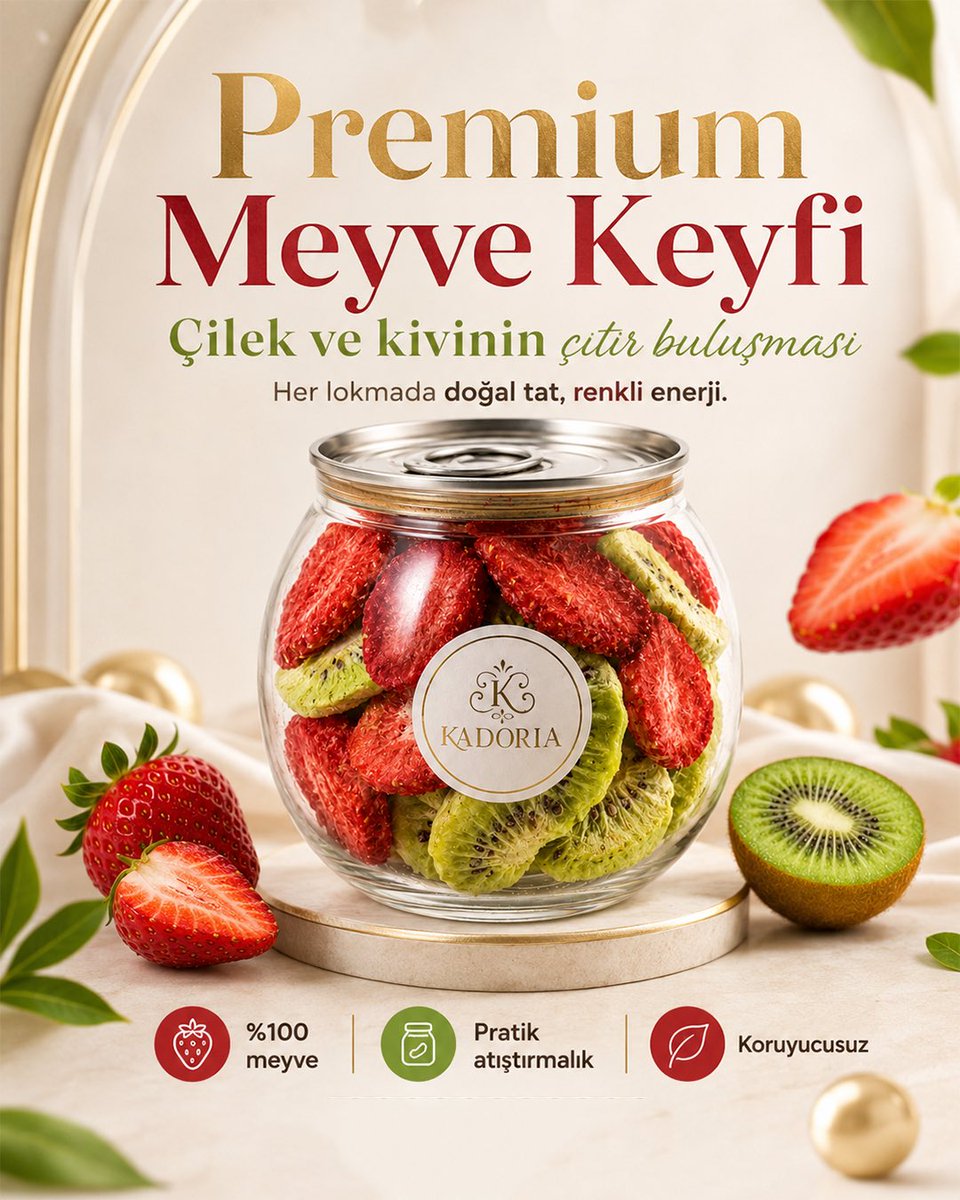 global_tat's tweet photo. Premium Meyve Keyfi, Her Lokmada! 🍓🥝
Çileğin yoğun aroması ile kivinin ferah lezzeti, Kadoria’nın dondurularak kurutulmuş meyve karışımında buluşuyor.
Çıtır dokusu, renkli görünümü ve pratik ambalajıyla günün her anında keyifle tüketebileceğiniz özel bir atıştırmalık. Evde, işte ya da yolculukta; kapağını açın ve meyvenin lezzetini keşfedin.
Kadoria Çilek & Kivi: Her lokmada doğal tat, renkli enerji.