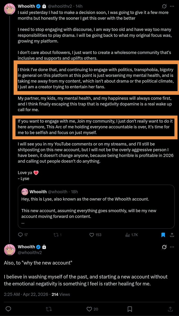 HyperWhale286's tweet photo. You said it yourself *back on April* in a now deleted statement:

"continuing to engage at this point is just worsening my mental health"

"I just don't wanna do it here anymore"

Maybe it's time now. Clear your heart, and move on

I know you can do it, Lyse. I believe in you💗 https://t.co/RvbNeEoS0q