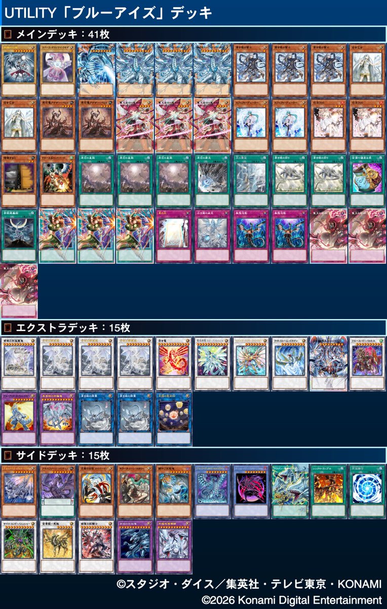 RX0Nobu's tweet photo. UTILITY SELECTIONデッキガイド
青眼がいれば最強のカードと化す古の秘技
青眼+1チューナーで呼べるエクハジャール
聖王の粉砕に触れながら自身も精霊になれるローズパメラ
強化に繋がるカードが多いデッキは…
「ブルーアイズ」
デッキコード3wcmh5t
スペース・オマジナイ・ウサギいけると思います https://t.co/kZRGZ6nRpN