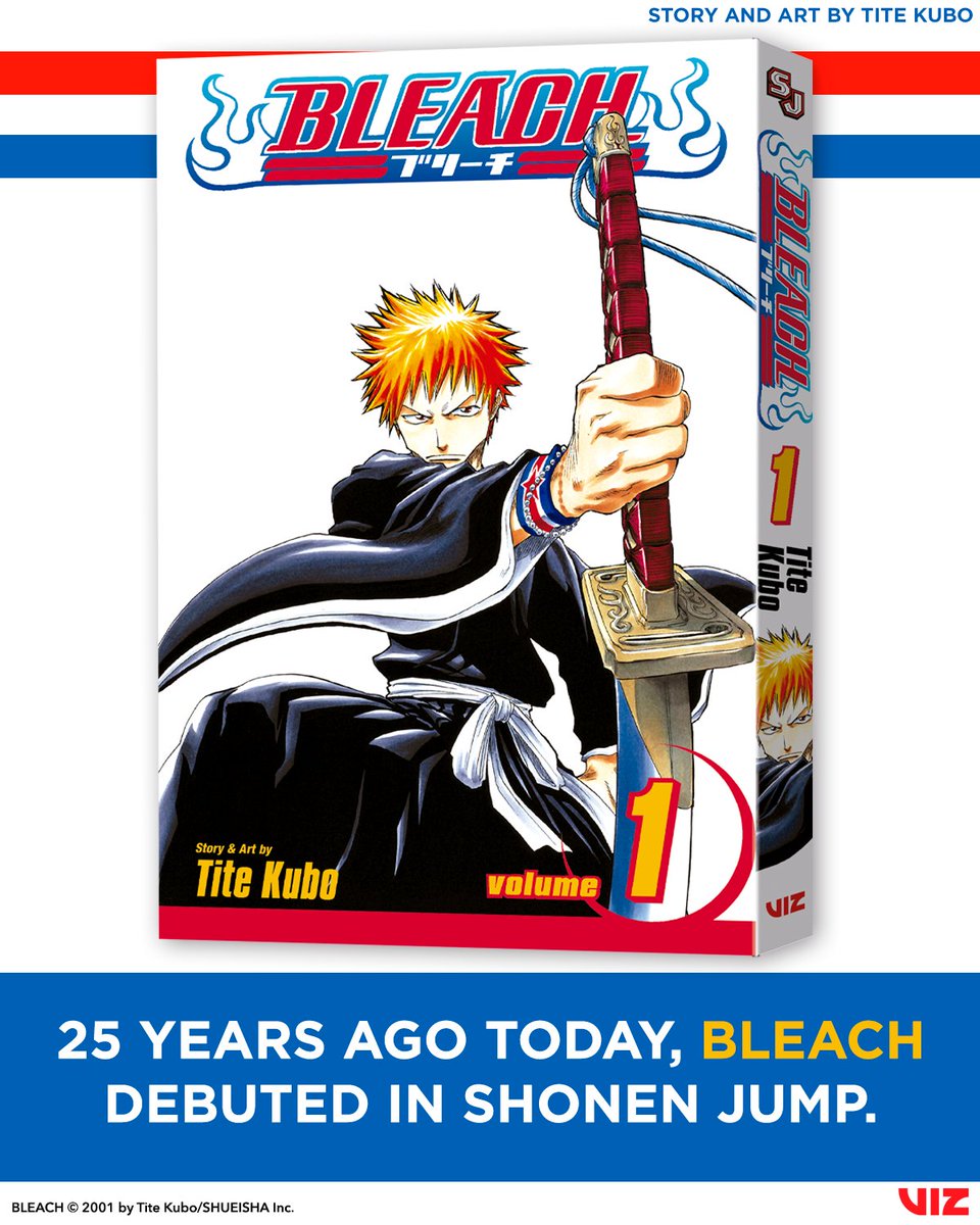 VIZMedia's tweet photo. A quarter-century of BLEACH. BLEACH officially debuted in Shonen Jump on this day in Japan in 2001 ⚔️🔥

Thanks to BLEACH fans worldwide for continuing to support the series all these years later! https://t.co/phHTYMgHDG