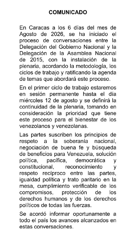 globovision's tweet photo. 🚨 #ÚltimaHora | El presidente de la Asamblea Nacional (AN), Jorge Rodríguez, informó a través de un comunicado que el inicio del diálogo entre la AN del 2015 será hasta el día miércoles 12 de agosto.

📌"Las partes suscriben los principios de respeto a la soberanía nacional, negociación de buena fe y búsqueda de beneficios para Venezuela, solución política, pacífica, democrática y constitucional", reza el comunicado.