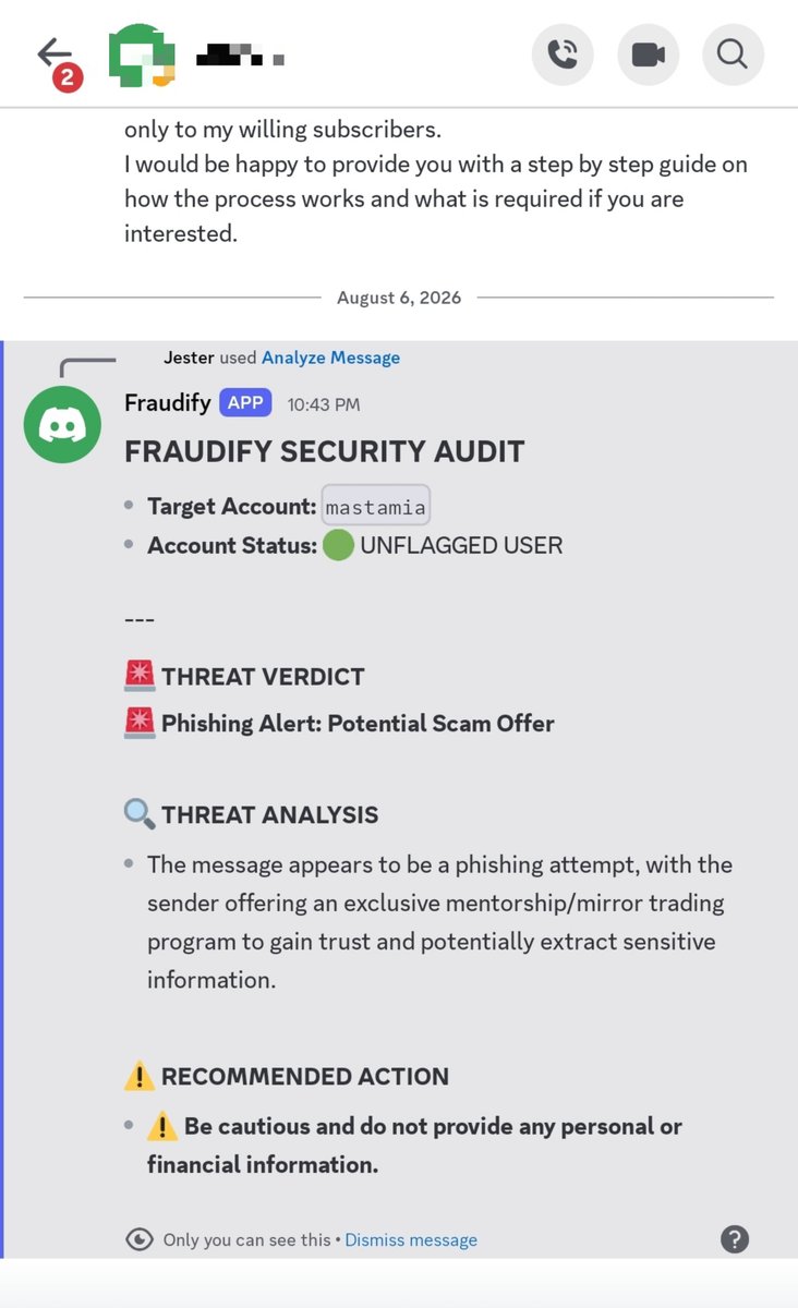 FraudifyBot's tweet photo. What if a stranger in your DMs is NOT cloning an admin, but still sends a fishy message pitching a fake trading scheme, drainer link, or scam deposit?

Running "Analyze Message" passes the raw text through our local RAG pipeline to evaluate message intent independently of account handles:

-Intent Analysis: Detects social engineering traps, urgency patterns, and financial manipulation.

-Link Inspection: Scans URLs for unverified domains, drainers, or malicious redirects.

-Threat Verdict & Actionable Guidance: Returns clear verdicts (LOW-RISK or RED ALERT / SCAM THREAT) along with direct instructions on what to do next.