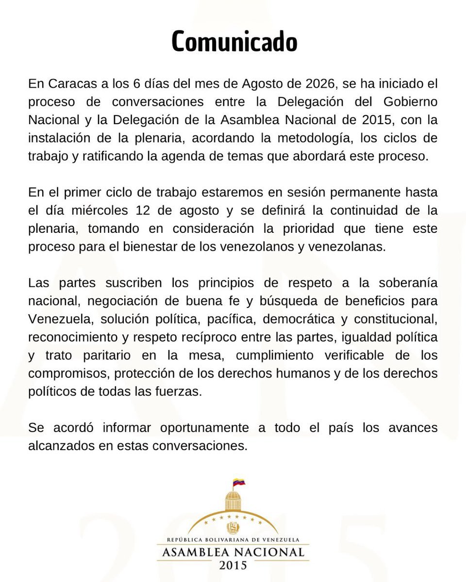 LuisPecheVE's tweet photo. Comunicados conjuntos.
Reconocimiento explícito del chavismo a la AN-2015.
Sesión permanente por casi una semana, hasta el 12 de agosto.
Hay bastante tela por cortar de esta pieza que acaba de salir. https://t.co/PBYQblOZQI