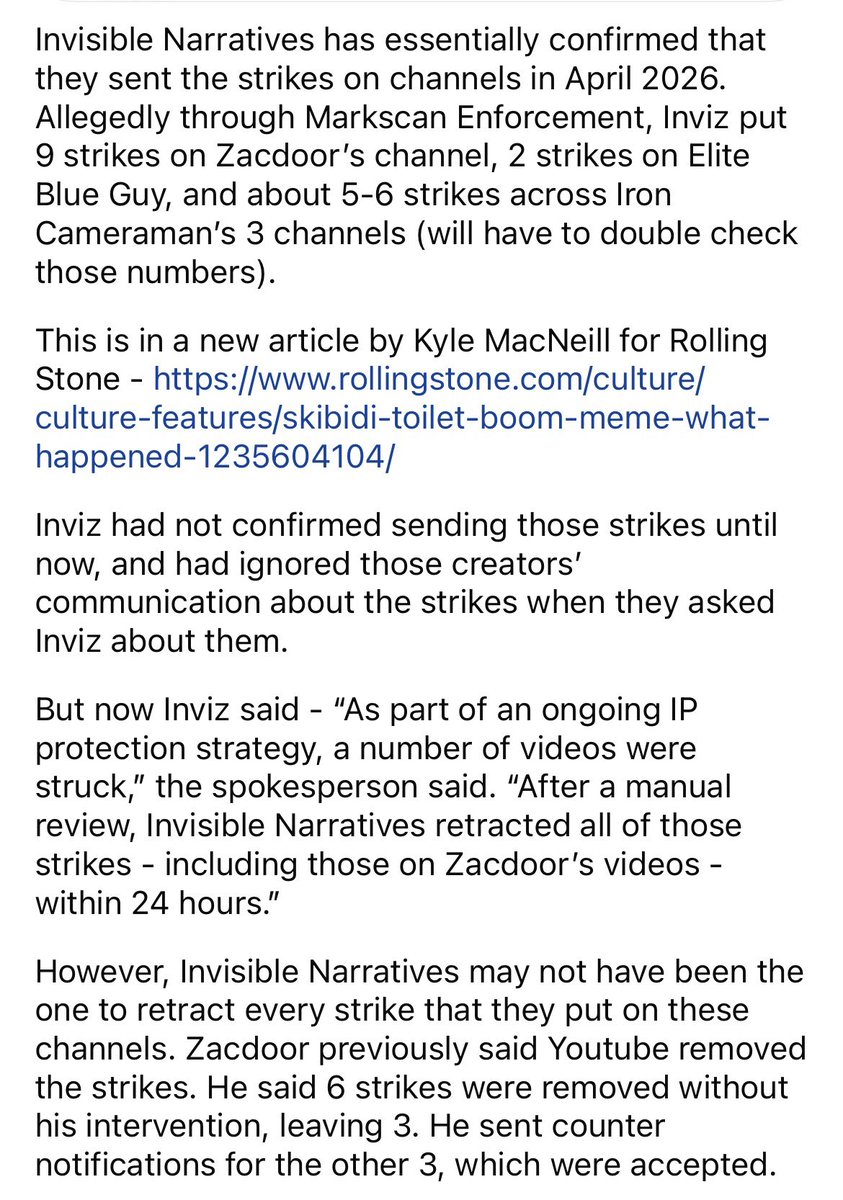 Plunger_Woman's tweet photo. Invisible Narratives, owners of Skibidi Toilet, essentially confirmed sending the strikes on Skibidi channels in April.

They said they retracted all strikes, but there’s questions about that (see these images)

You can read all about the strikes here -  https://t.co/M1rRYyCFIV https://t.co/vSnwPbqXq0