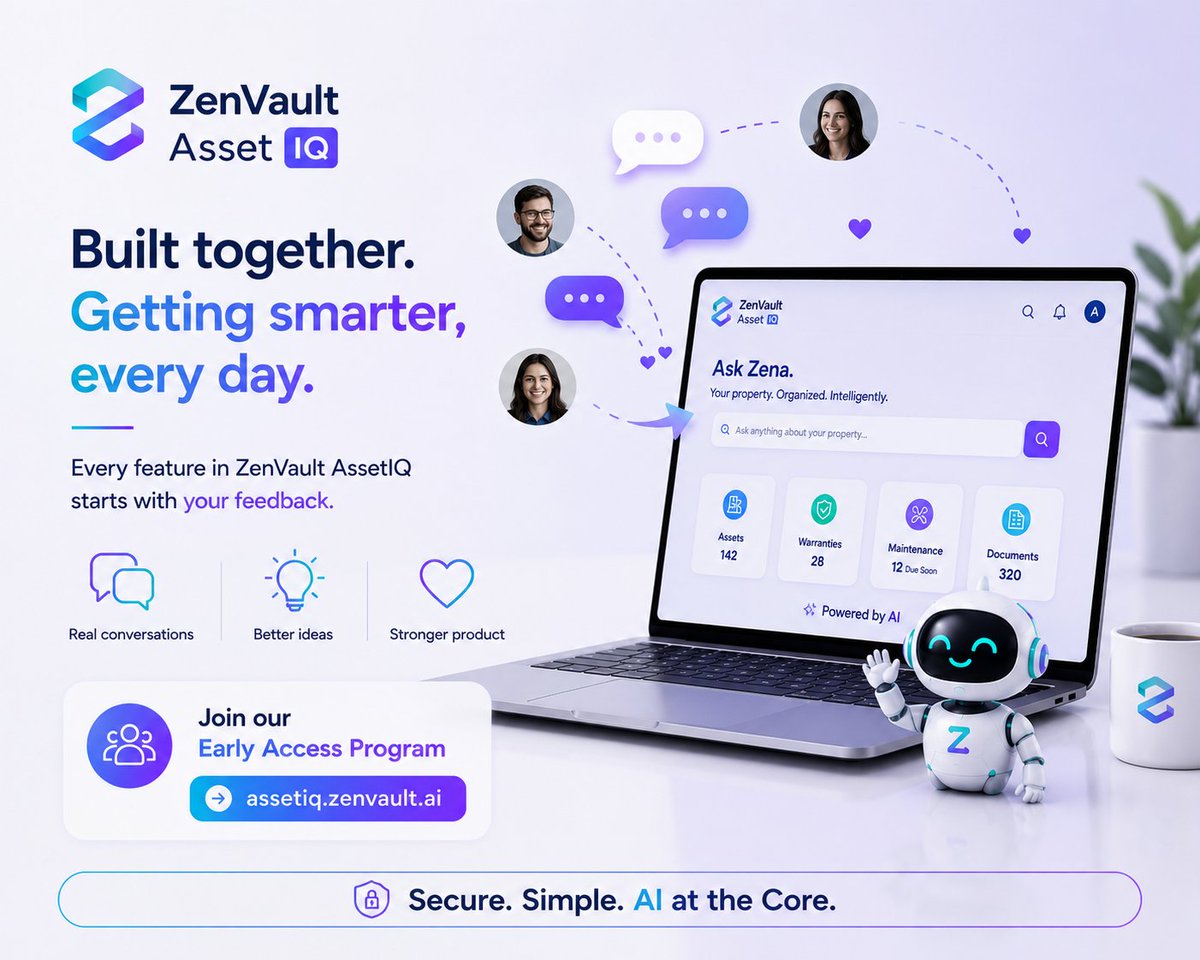 ZenVaultLimited's tweet photo. πYour feedback is building the future of ZenVault AssetIQ.
Every feature in ZenVault AssetIQ is shaped by real user feedback to make AI-powered Property Intelligence smarter and more useful.
Join our Early Access Program:
https://t.co/DPfvw71Xdx
#ZenVault #AssetIQ #AI https://t.co/Iw3niKlFgL