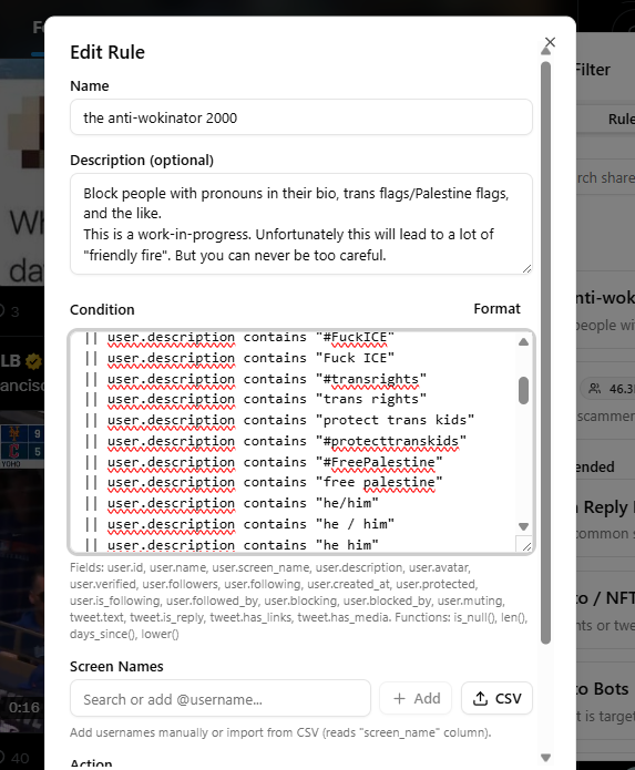 crackvulture's tweet photo. In times like these, do what I do. There's this epic extension on Chrome called Twitter Filter where you can auto-block people who meet the criteria you set.

I've been having the time of my life blocking people with pronouns in their bio. https://t.co/SpzSrjT3fT