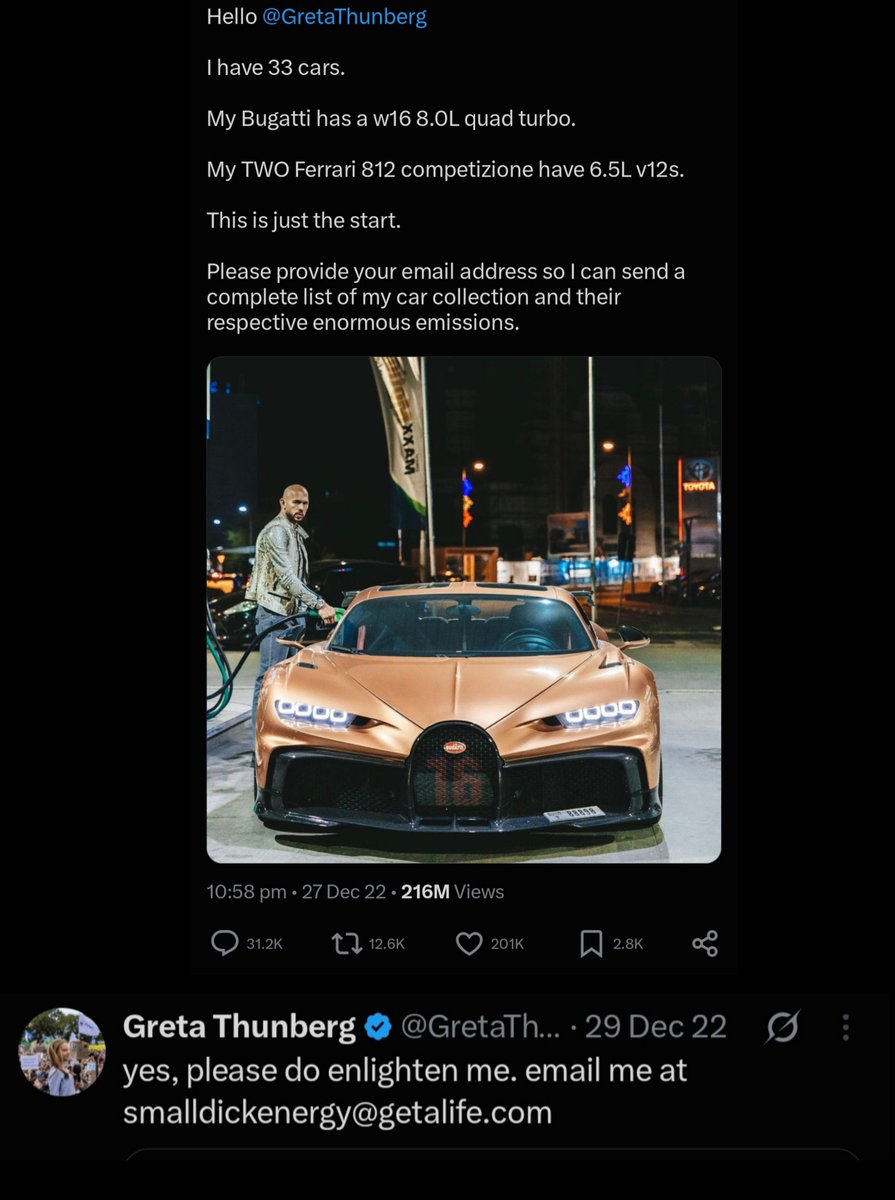 Tateunfazed_'s tweet photo. "Oh shit here we go again"

Greta Thunberg pop icon, ex-climate activist has now recently turned Islamic Jihad damning western society in public rallies.

Andrew Tate called her out for pushing fake climate change narratives, the battle itself broke the internet 🤣 and became known as :

"The pizza box scandal"

The world needs their hero back to do the same.