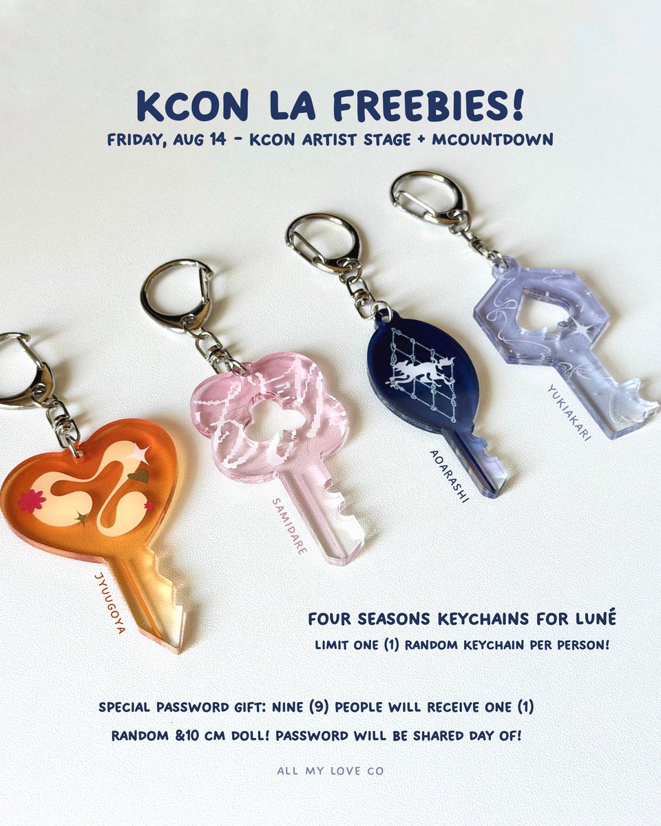 allmylove_co's tweet photo. kcon la freebies for luné! 

key keychains inspired by the four seasons series! 🍂🌸🌊❄️

— limited to one per person
— will be given out at random! 

#andTEAM #앤팀 #アンドチーム #kconla https://t.co/HkbTb8Y4H5