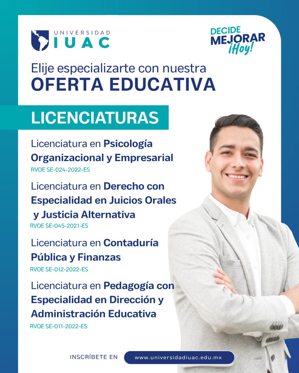 IUACMx's tweet photo. 🎓 Tu próxima meta profesional comienza en Universidad IUAC.

Estudia una Licenciatura en solo 3 años y elige el programa que mejor se adapte a tus intereses y objetivos.
📲 Solicita más información y conoce el programa ideal para ti.

#DecideMejorarHoy https://t.co/rfyStAFLsG