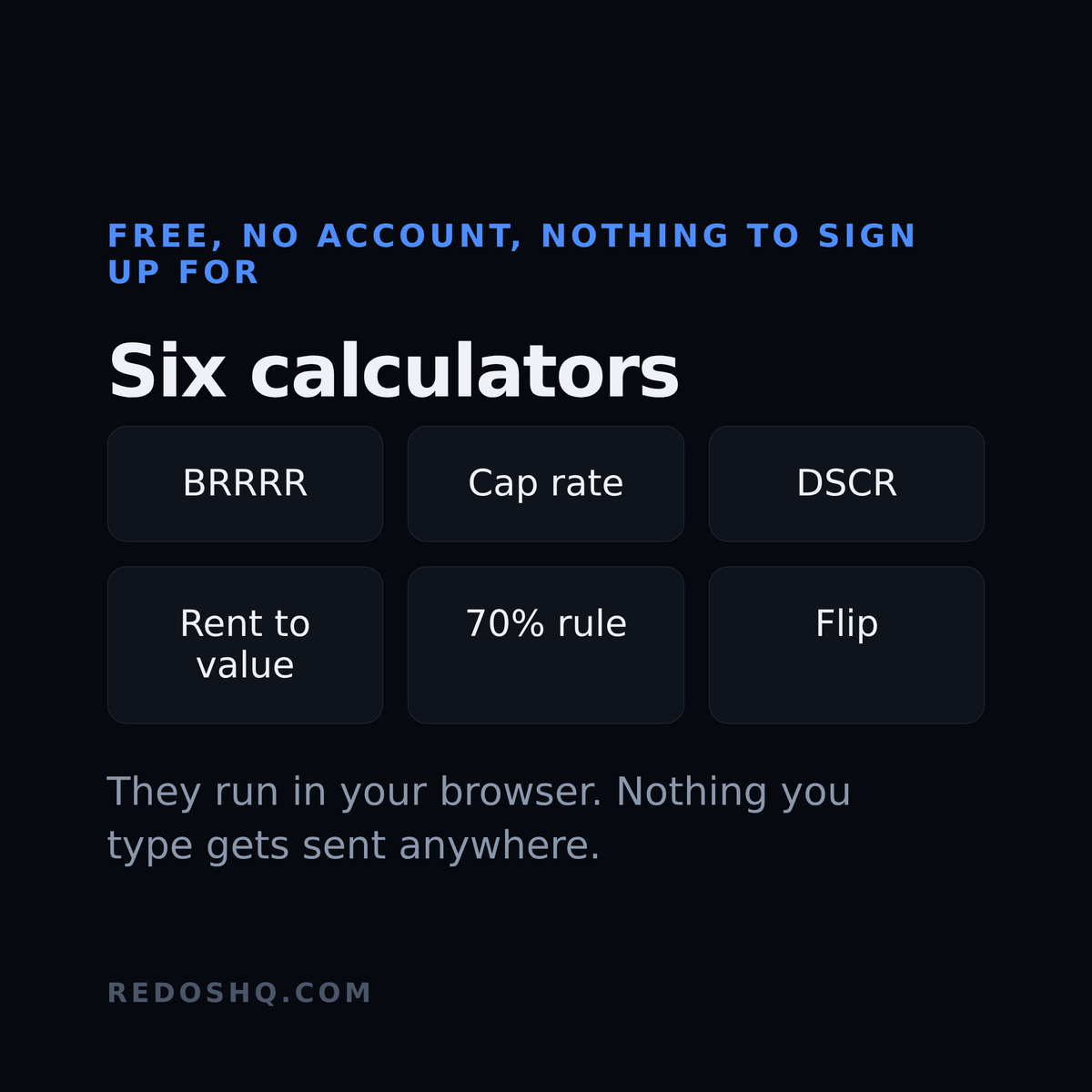 viniciorodd's tweet photo. The most repeated question in real estate investing is not "is this a good deal."

It is "what am I missing?"

That question is why I built REDOS. Shipped today.
The number that kills a deal is not wrong. It is missing.

Free calculators, no account. Link below.. https://t.co/PRLk19SZ7A
