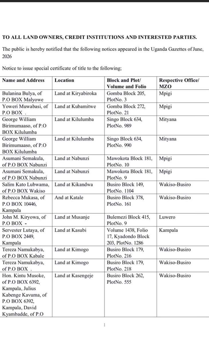 ministry_lands's tweet photo. 🚨NOTICE TO ALL LAND OWNERS🚨

The following reported their titles as LOST, STOLEN or MISPLACED during the month of June 2026! They have therefore requested SPECIAL TITLES to replace those lost.

Kindly Retweet 
1/5 https://t.co/VuswYCJ5kJ