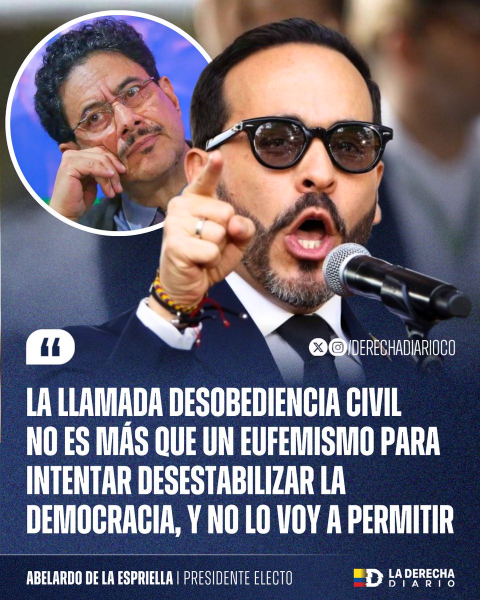 DerechaDiarioCO's tweet photo. 🚨🇨🇴 | NO PASARÁN: Abelardo de la Espriella respondió a los llamados a la “desobediencia civil” promovidos por Petro y su lacayo Iván Cepeda, y advirtió que no permitirá que la izquierda incendie el país, desate violencia en las calles ni sabotee su posesión presidencial de mañana en Cali.

“La llamada desobediencia civil no es más que un eufemismo para intentar desestabilizar la democracia, y no lo voy a permitir... Soy el presidente de todos los colombianos y haré cumplir, con la fuerza de la Constitución y la ley, lo que los colombianos decidieron: elegirme.”