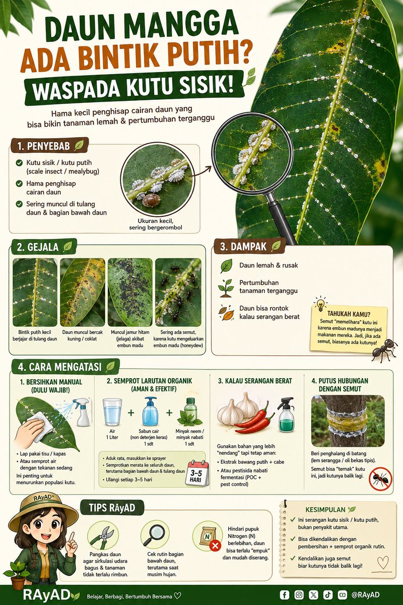 Excel_Dee's tweet photo. Selamat & Semangat Pagi...
#JumatBerkah

Daun mangga ada bintik putih kecil-kecil..?
Jangan langsung panik ya...

Itu biasanya tanda kutu sisik / kutu putih, hama kecil yang suka “ngisep” cairan daun diam-diam.

Ciri-cirinya : 
Bintik putih berjajar di tulang daun
Daun mulai muncul bercak kuning atau coklat
Kadang ada semut ikut meramaikan

Kalau dibiarkan, tanaman bisa jadi lemah dan pertumbuhannya terganggu 🥺

Tapi tenang… ini masih bisa dikendalikan kok.
Bersihkan manual dulu
Semprot larutan sabun + minyak neem
Ulang rutin tiap 3–5 hari
Jangan lupa kendalikan semutnya juga ya 😉

Yuk rawat tanaman dengan cara yang lebih bijak dan ramah lingkungan.

Semoga Bermanfaat...🙏

#RAyAD #EdukasiTanaman #ManggaSehat #PestisidaNabati #UrbanFarming #BelajarBerkebun