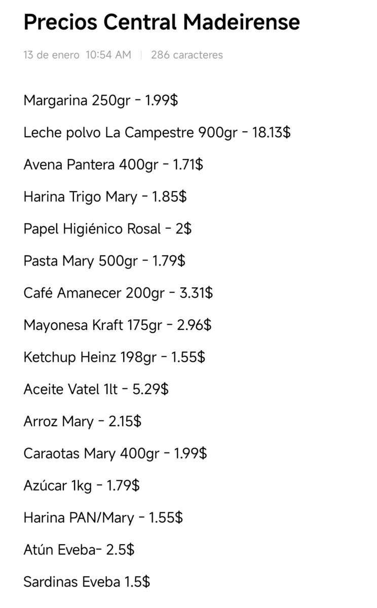 Eliojgm's tweet photo. Lista de algunos productos con precio de Enero 26, comparados con precios de Julio 26. 

En ese momento no anoté precios de carnes, pollo y huevos. Pero estaban muy por encima de la actualidad.

Carne 20$ / 10$ actual
Huevos 8$ / 4$ actual
Pollo 3.5$ / 2.69$ actual https://t.co/Nzgk4EroU4