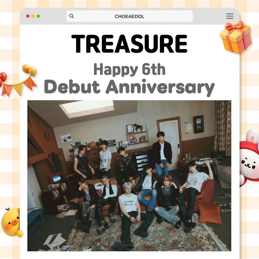 kpopidol_en's tweet photo. 🎉 #TREASURE celebrates 6 years! ✨

Thank you for every brilliant performance &amp; to #TREASUREMAKER for being with us 💗
Excited for what's next! 🌟

✨ See the anniversary banner on CHOEAEDOL 👀
▶️ https://t.co/VbSZGcaT6p

#CHOEAEDOL #Idol #KPOP #DebutAnniversary https://t.co/c6dzEXwe81