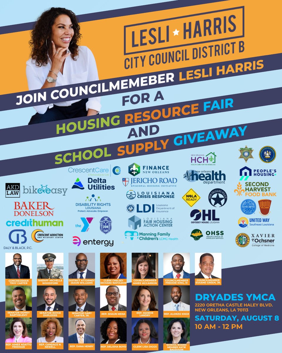 nolaready's tweet photo. We are looking forward to participating in Councilmember Lesli Harris' Third Annual Housing Resource Fair and School Supply Giveaway!

📍Dryades YMCA
2220 Oretha Castle Haley Blvd.
New Orleans, LA 70113

🗓️ Saturday, August 8 
10 AM - 12 PM https://t.co/nyLENyExwT