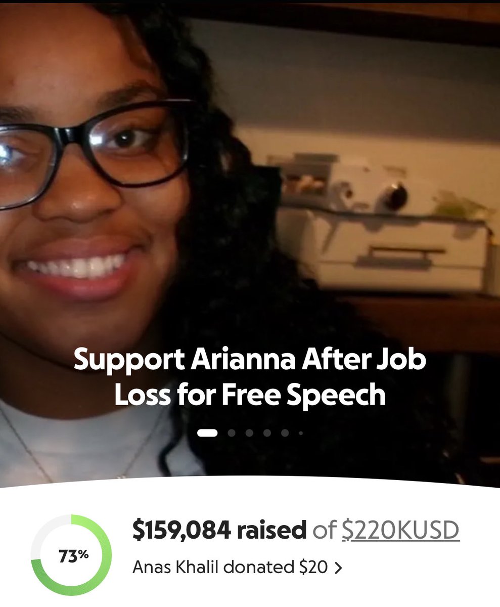 Jvnior's tweet photo. They got her fired for saying 'Free Palestine' so humanity gave her $150K in 2 days.

The entire world stands with Palestine 🇵🇸 https://t.co/3GNhclxb2t