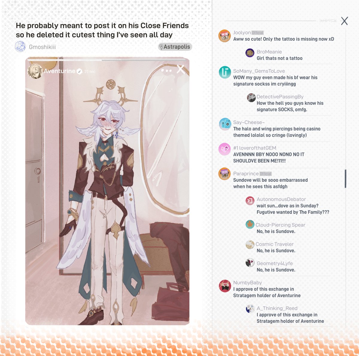 Gmoshiki's tweet photo. Aventurine accidentally sharing a story of Sunday in his drip (CUTE) and immediately deleting but its too late its on the gossip page and everyone is eating it UPPP #avenday https://t.co/fBUtsmK2VR