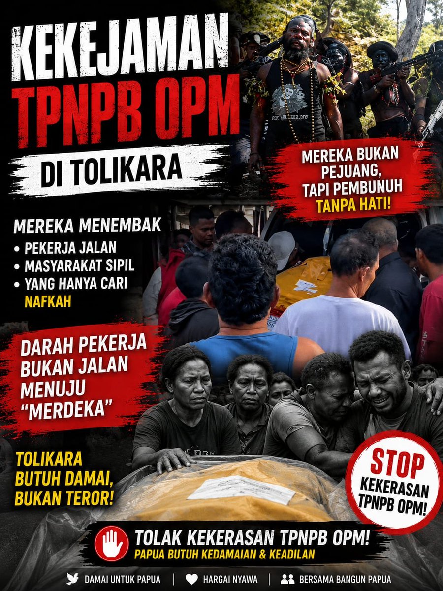 nwodo99791's tweet photo. Masyarakat Papua mengecam keras aksi kekerasan yang diduga dilakukan TPNPB OPM terhadap pekerja jalan di Tolikara. Tidak ada perjuangan yang membenarkan hilangnya nyawa warga sipil yang sedang mencari nafkah.
#PapuaButuhDamai #StopKekerasan #TolakKekerasan #LindungiWargaSipil https://t.co/eygjNxbd9b