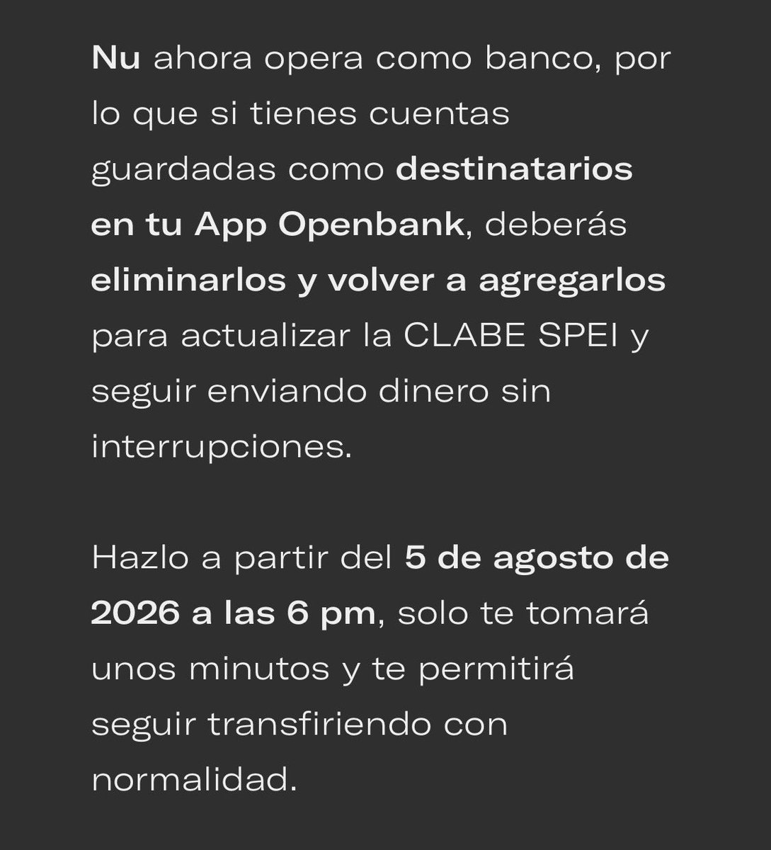 ramylinda's tweet photo. @camellopicks En otro banco (Openbank) nos avisaron que debíamos eliminar los destinatarios de Nu y volver a capturarlos con la misma cuenta CLABe porque el banco cambió de nombre, antes era Nu México y ahora es Nubank https://t.co/pFZWYDMlCa