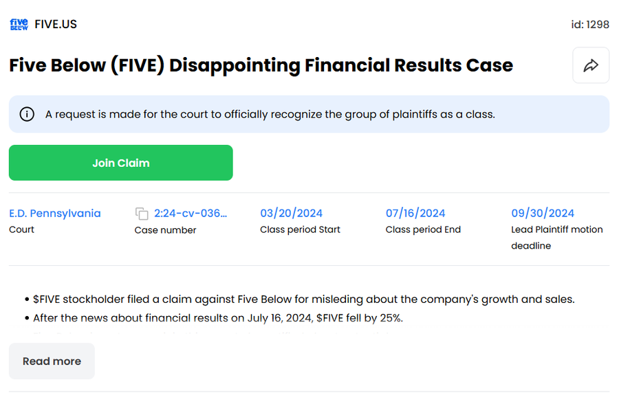 11thestate's tweet photo. We've already received lots of questions about the $FIVE case.
Right now, #FiveBelow is under investigation over growth and sales concerns.
One thing we always tell investors: don't miss a chance to recover your losses. We'll keep you posted with every update.